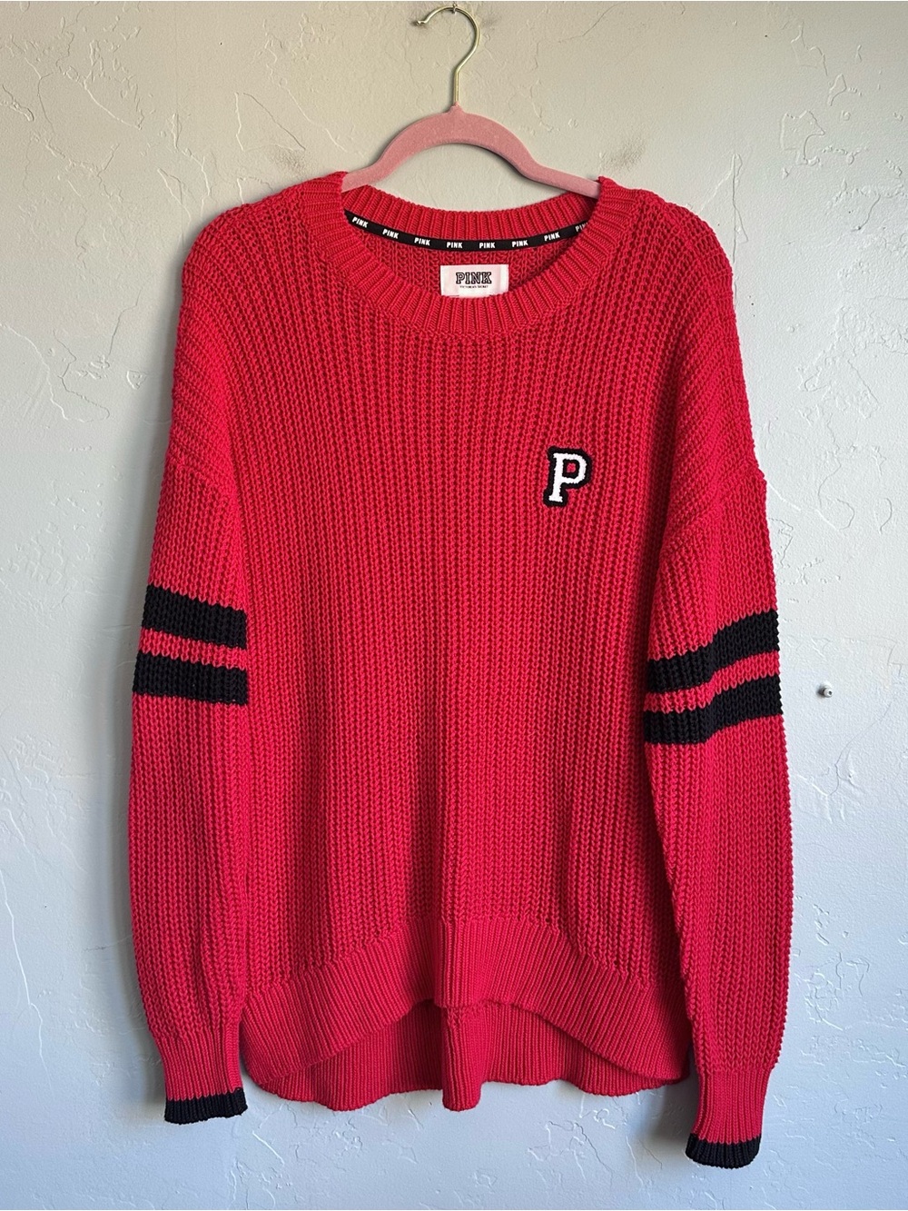 PINK Victoria's Secret Red Fisherman Boyfriend Sweater Medium Oversized Preppy